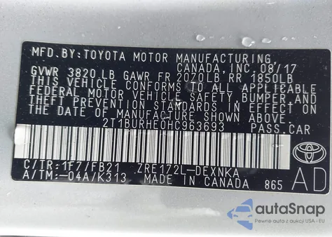 2017 Toyota Corolla Le z USA, uszkodzony, nr VIN 2T1BURHE0HC963693